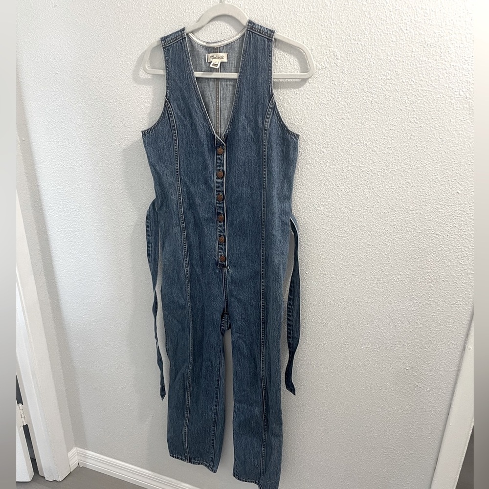Madewell Denim Jumpsuit- Sleeveless, button up, tie waist